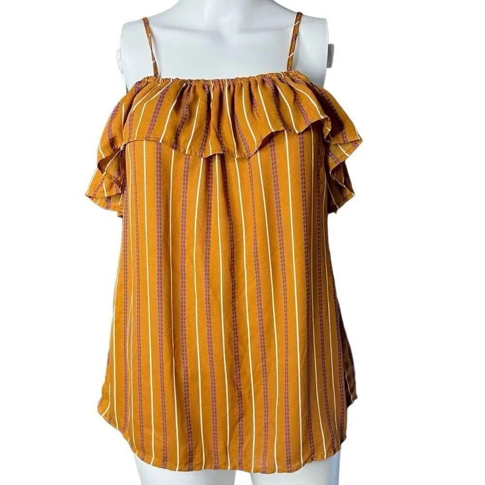Daytrip Cold Shoulder Vertaical Striped Blouse Brown & White Size XS